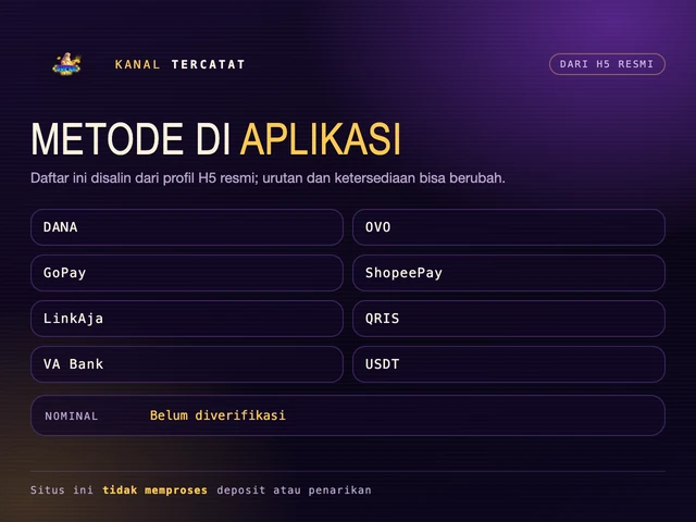 Kartu kanal pembayaran: DANA, OVO, GoPay, ShopeePay, LinkAja, QRIS, VA bank, USDT